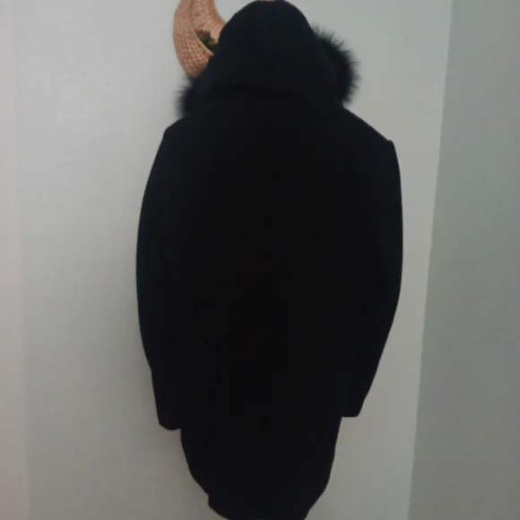 SACHI Black Pea Coat Wool Nylon Cashmere with Fox Fur Collar Button Up - Picture 3 of 8